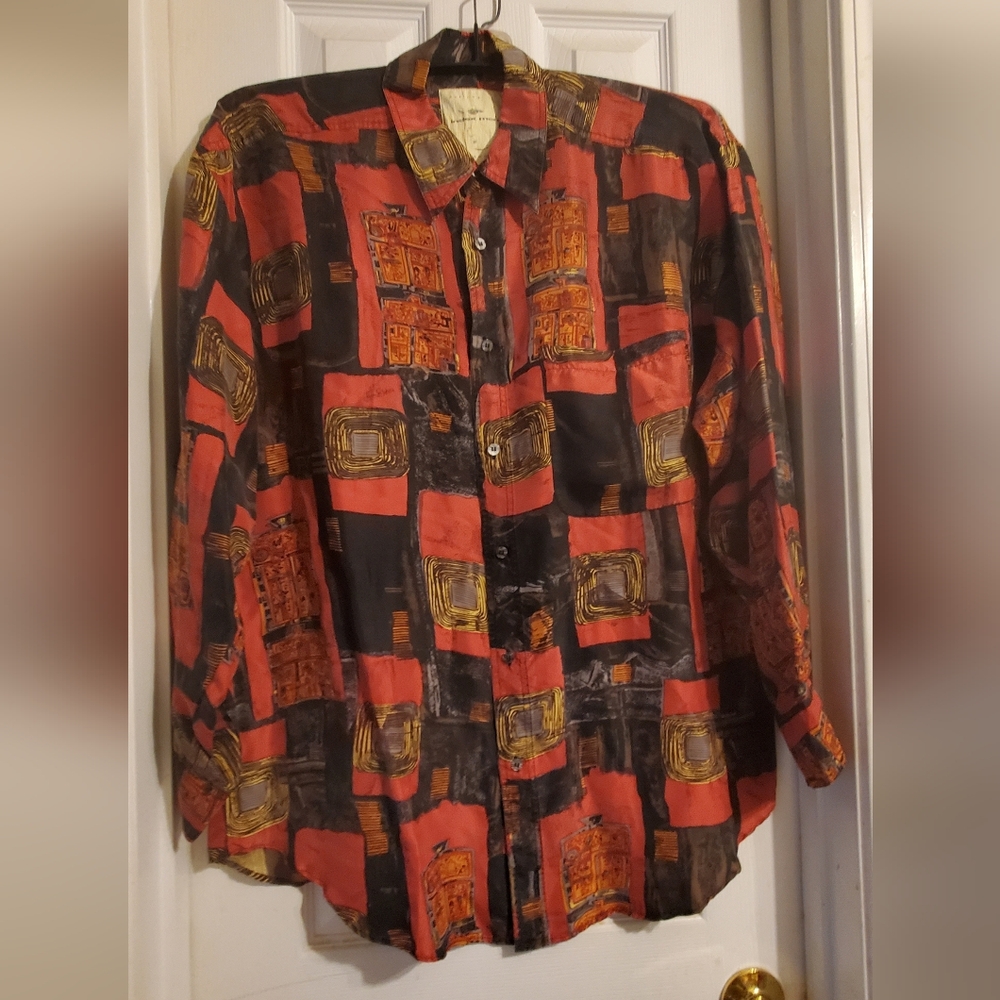 1980s Index Men 100% Silk Vintage Geometric Button-Up Shirt